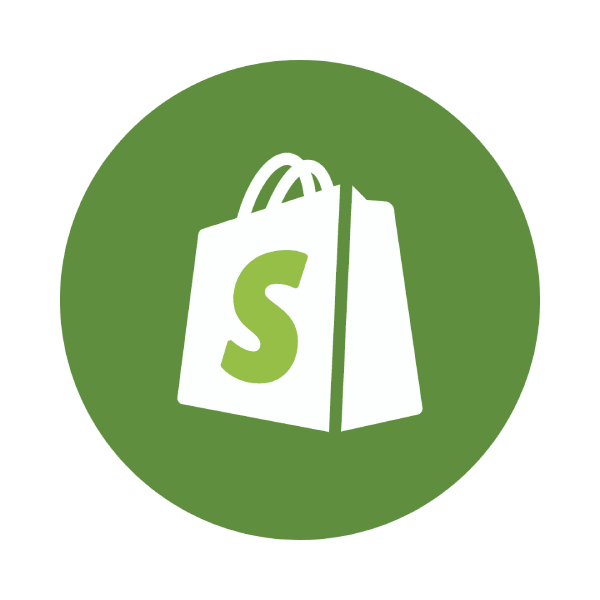 a green circle with a white bag with a letter s for shopify